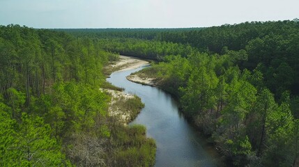 Winding Broad River Flowing Through Lush Green Forest Landscape