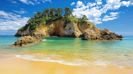 Idyllic Tropical Beach Paradise with Island Rock Formation and Clear Water