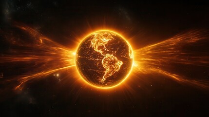 Abstract representation of Earth's magnetic field during a geomagnetic storm, with glowing satellite sensors orbiting the planet