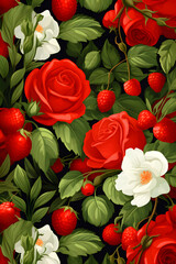 Digital summer wild red roses and fruits and leaves patterns abstract graphic poster background