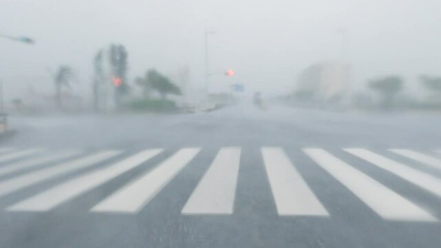 Powerful Hurricane Wind And Rain Blows Across City Intersection - Khanun