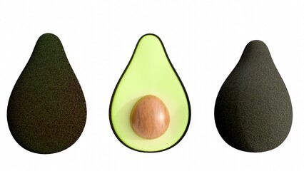 A 3d rendering of avocados, the contrast between the dark, bumpy skin and the creamy green flesh. The sliced avocado reveals the pit, emphasizing the fruit's simple structure..