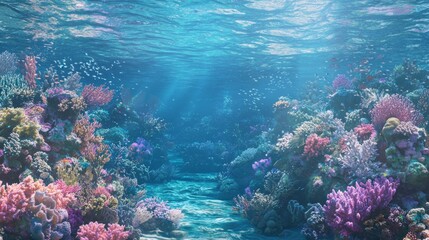 Naklejka premium Vibrant Coral Reef in Shallow Water Under Bright Sunlight