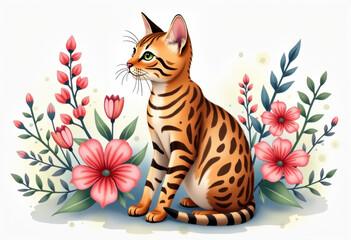 Bengal Cat with Pink Flowers, Watercolor Illustration