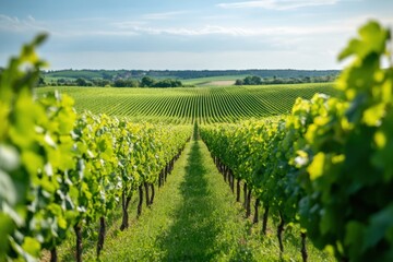 Naklejka premium Lush Green Vineyard with Rows of Grapevines