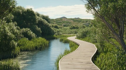 Fototapeta premium Scenic Boardwalk Meandering Through Lush Green Trail Landscape
