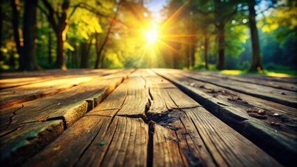 Obraz premium Sunlit Cracked Wooden Floor, Bokeh, Texture, Rustic Wood, Natural Imperfections, High-Resolution Image