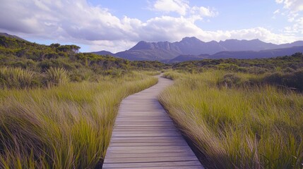 Obraz premium Scenic Boardwalk Trail Meandering Through Lush Green Landscape