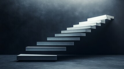 Floating metal stairs with sharp, angular steps, isolated on a black-to-gray gradient background