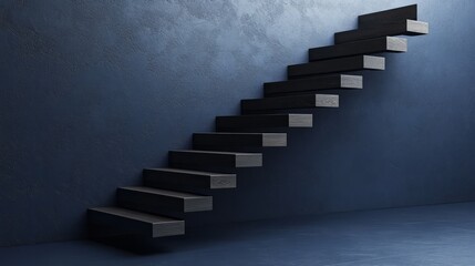 Floating stairs with dark wood steps and a minimalist design, isolated on a navy blue background