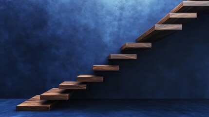 Naklejka premium Floating stairs with dark wood steps and a minimalist design, isolated on a navy blue background