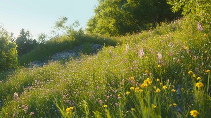 Golden Meadow on a Steep Slope Covered with Colorful Wildflowers