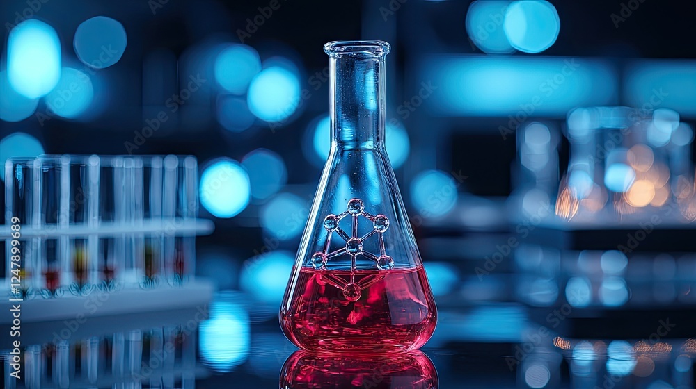 Poster close-up view of a science laboratory with a flask containing a red liquid and a molecular model ins