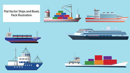 A detailed collection of flat vector ships and boats, featuring different styles from sailboats to cargo ships.