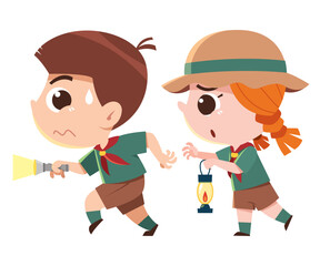 Curious Young Scouts Exploring in the Dark Illustration