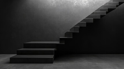 Modern metal stairs with a sleek black finish, isolated on a dark gray background