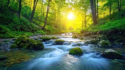 Obraz premium Sunlit Serenity: A Tranquil River Flowing Through a Lush Green Forest