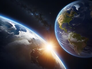 Obraz premium Space, Sun and planet Earth at Night