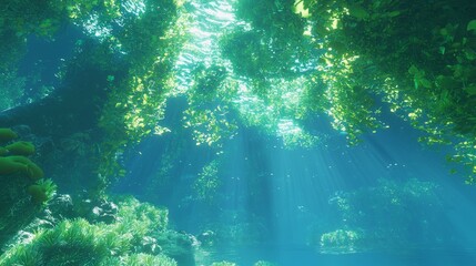 Obraz premium Underwater Coral Garden with Sunlight and Swaying Vegetation