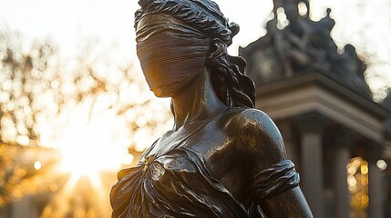 Bronze Statue of Justice with Mask: A Captivating Urban Sculpture at Sunrise