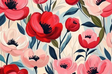 Abstract hand drawn flower art seamless pattern illustration. Acrylic paint nature floral background in vintage art style. Spring season painting print.