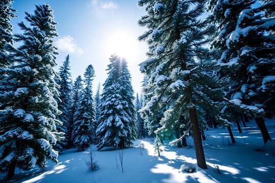 A serene winter landscape showcasing snow-covered pine trees under a bright and clear sky