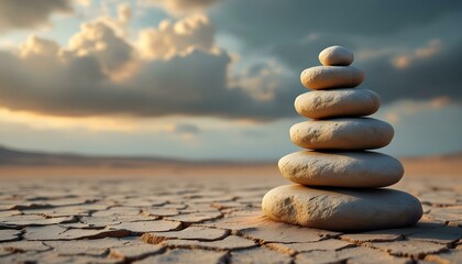 zen, stones, tall, stack, uneven, rugged, textures, cracked, desert, soil, dramatic, sky, sandstorm, clouds, dust, wind, trails, swirling, base, hyperrealistic, detail, serene, tranquil, harmony,