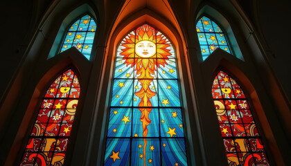 Radiant Stained Glass Church Window with Sunburst
