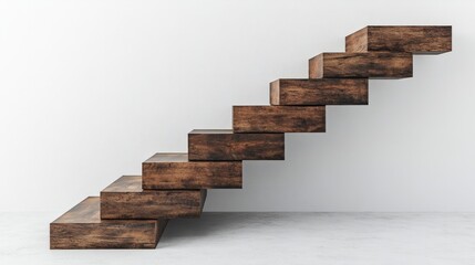 Wooden stairs with a glossy finish and minimalist design, isolated on a pale gray background