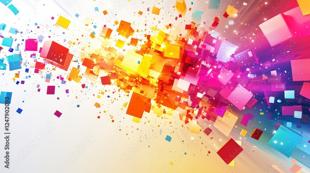 Poster colorful abstract background with floating geometric shapes and light