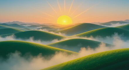 Fototapeta premium Sun rising slowly behind a series of rolling green hills, softly illuminated by the gentle morning light that shines through a veil of mist,