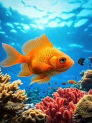 A vibrant orange goldfish swims gracefully amidst colorful coral reefs and clear blue waters, showcasing underwater beauty.