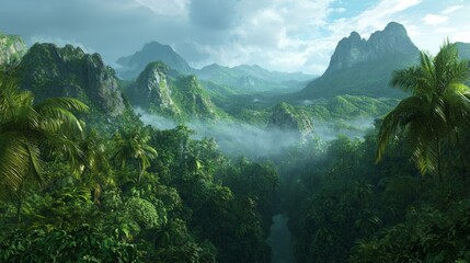 Obraz premium Sweeping Vista of Lush Tropical Island with Mountains and Foreground