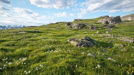 Naklejka premium Subalpine Meadow Ablaze with Colorful Flowers Under Bright Sky
