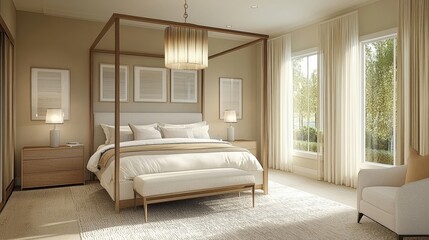 Serene Master Bedroom Interior Design with Four Poster Bed and Natural Light