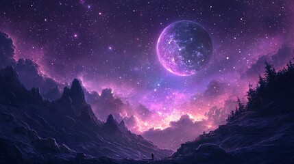 Cosmic Majesty: A Solitary Figure Beneath a Giant Purple Moon and Starry Sky Over Mountainous Landscape