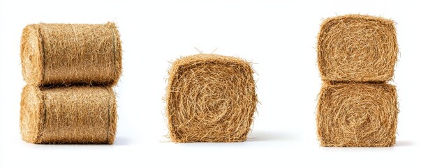 Stacked Hay Bales on a Clean White Background, Highlighting Natural Texture and Rustic Charm for Farm and Country Lifestyle Use