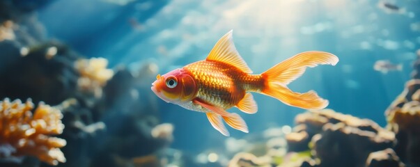 Fototapeta premium A vibrant goldfish swims gracefully through a sunlit underwater scene, surrounded by colorful corals and beams of light filtering from above.
