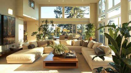 Obraz premium Luxurious Modern Living Room with Abundant Natural Light and Greenery