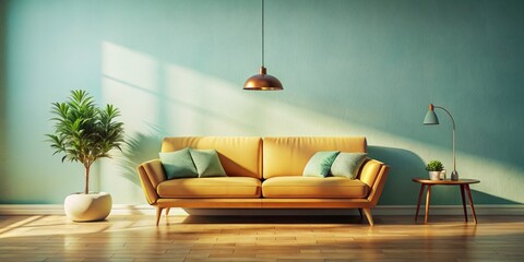 Fototapeta premium Vintage Minimalist Interior Design: Floating Sofa, Empty Wall, Retro Photography