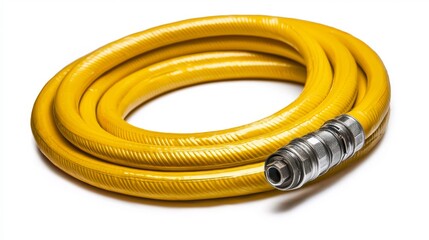 Fototapeta premium Bright Yellow Garden Hose Coiled Elegantly with Durable Metallic Connector for Easy Watering and Cleaning Tasks