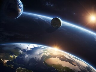 Obraz premium Space, Sun and planet Earth at Night