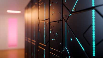 Close-up view of a modern data center wall with illuminated panels and a pink-lit background