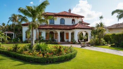 Obraz premium Peaceful Mediterraneanstyle twostory house with red tiled roof, white walls, palm trees, and lush garden.
