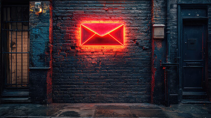 Glowing red neon envelope sign on a dark brick wall in a city alleyway at night.