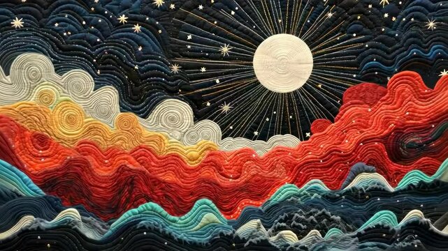 Surreal landscape with layered hills and a radiant sun, captured from a low angle. The video art style evokes a dreamlike, cosmic atmosphere.
