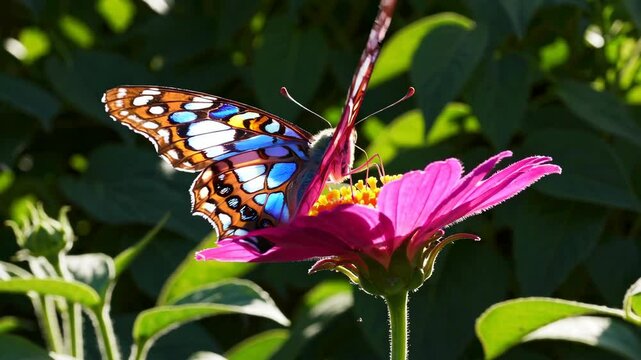A stunning butterfly with intricate blue and pink patterns gracefully lands on a blooming pink flower in a lush garden. Sunlight creates a picturesque backdrop for this moment.