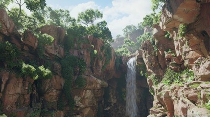 Winding Trail Along Cliff Near Scenic Waterfall in Lush Landscape