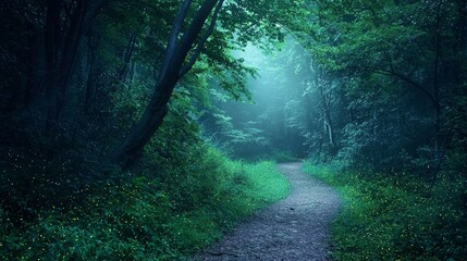 Ethereal Glow of Fireflies in Enchanted Forest at Dusk