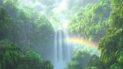 Obraz premium Faint Rainbow Forming in Mist Over Lush Green Jungle Waterfall